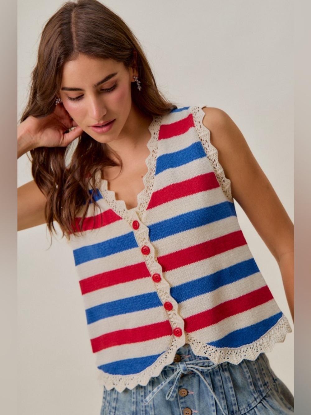 SO ME Fourth Of July Stripe Button Down Vest Top